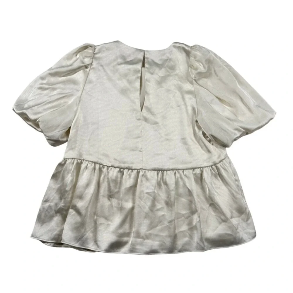 Lilly Pulitzer Top Womens 2 Cream Satin Puff Sleeve Peplum Blouse Ivory Pleated